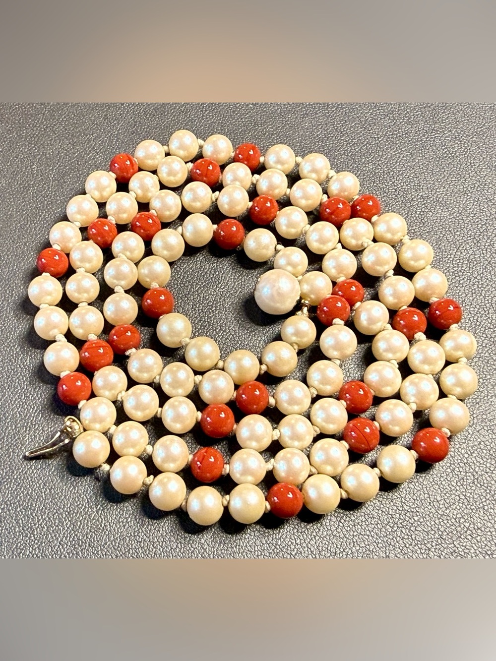 vtg Faux Pearl Carnelian Bead Necklace